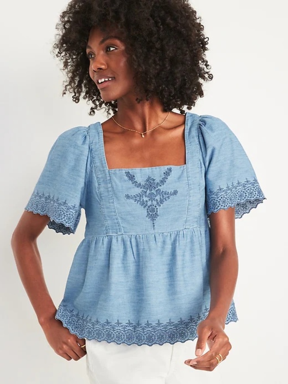 Old Navy Blue Embroidered Square-Neck Peplum Top